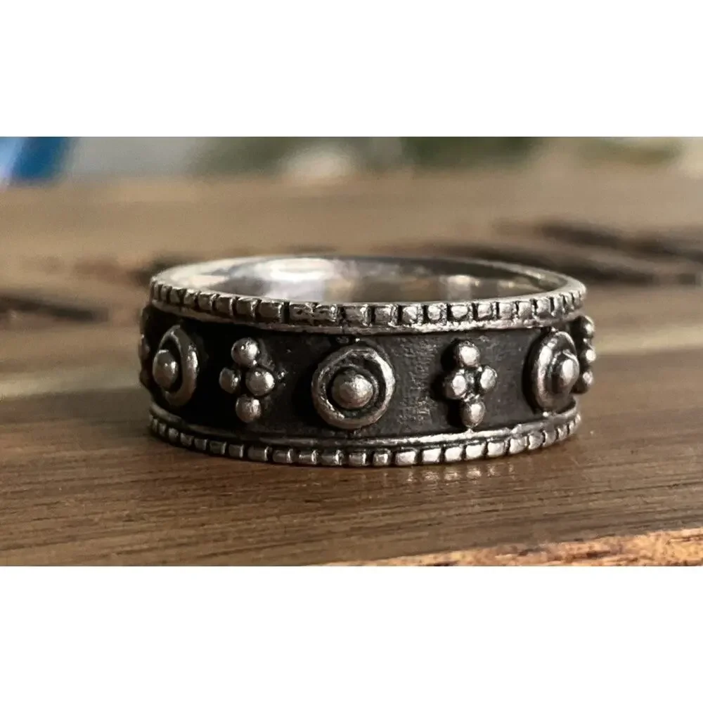 Vintage Sterling Silver Oxidized Floral Beaded Stacking Band Ring Size 6.5